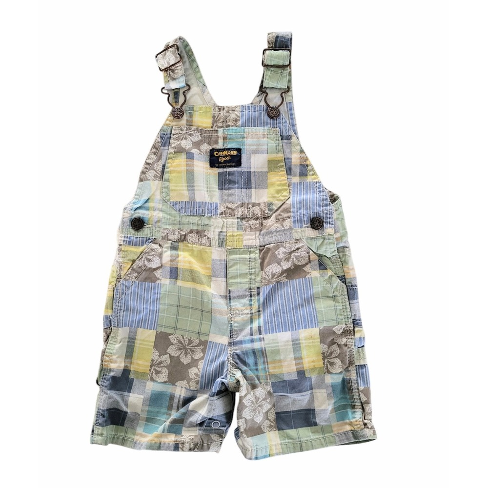 OshKosh Shortalls Patchwork Madras Plaid Vestbak Overalls Tropical 18 Mos Boys